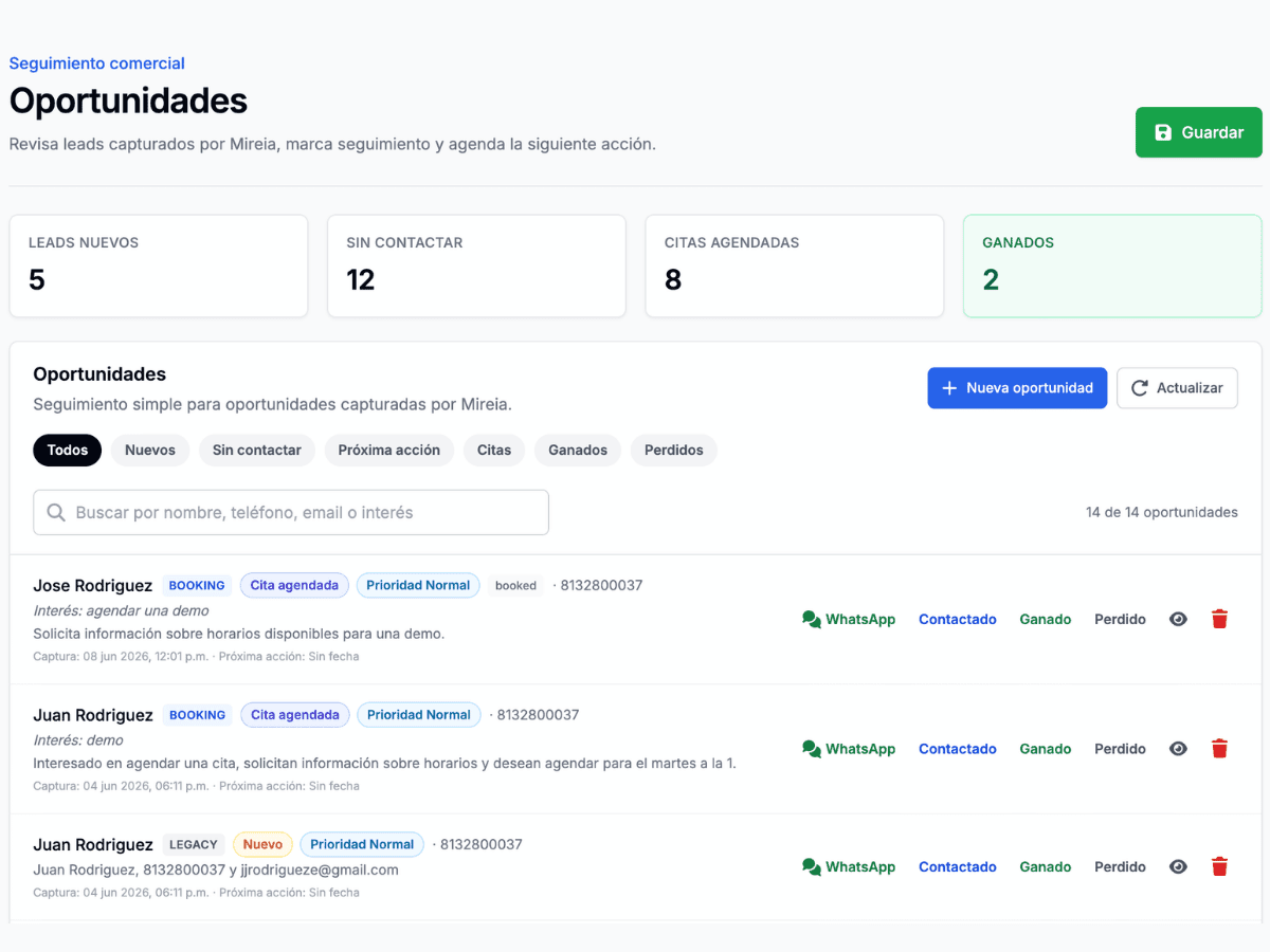 Panel de agenda con solicitudes organizadas para seguimiento