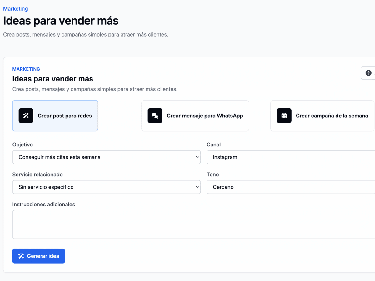 MireIA generando ideas de contenido con información de servicios del negocio