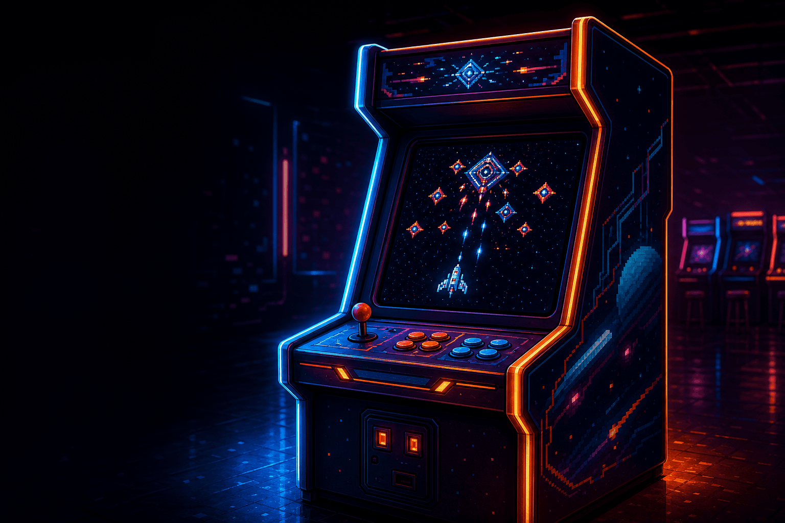 Gabinete arcade futurista con un juego original de naves